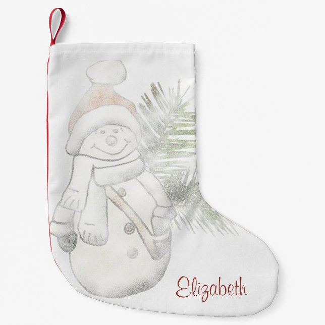 Cute Snowman With Santa Hat  - Personalised Small Christmas Stocking (Front)
