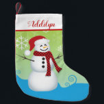 Cute Snowman with Santa Hat Small Christmas Stocking<br><div class="desc">This adorable Christmas stocking offers a graphic of a snowman wearing a Santa Hat. The background is bright green and blue and is accented with snowflakes. Personalise this holiday stocking for any child.</div>