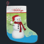 Cute Snowman with Santa Hat Small Christmas Stocking<br><div class="desc">This adorable Christmas stocking offers a graphic of a snowman wearing a Santa Hat. The background is bright green and blue and is accented with snowflakes. Personalise this holiday stocking for any child.</div>