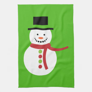 Cute Snowman with Scarf Kelly Green Tea Towel
