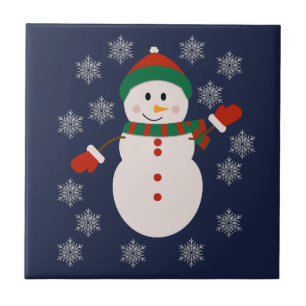 Cute Snowman with Silver Snowflakes Christmas Desi Ceramic Tile