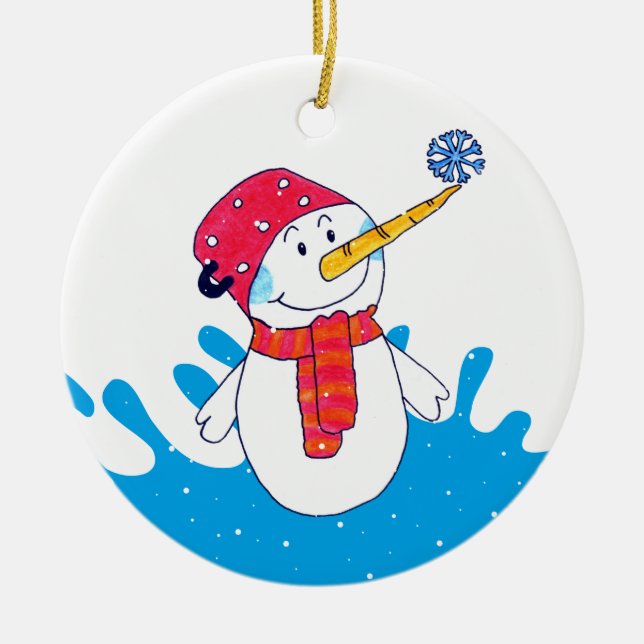 Cute Snowman with Snowflake Kids Ceramic Ornament (Front)