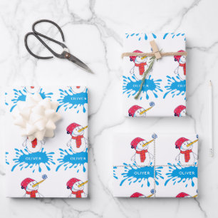 Cute Snowman with Snowflake Kids Name Holidays Wrapping Paper Sheet