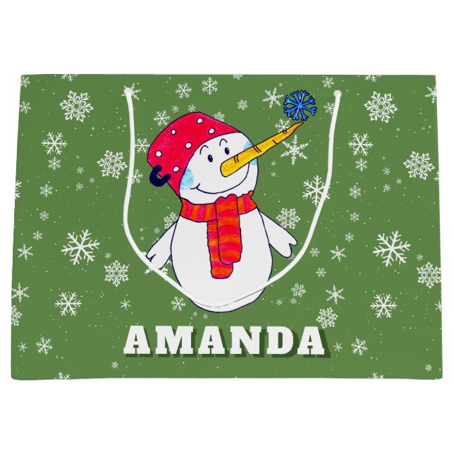 Cute Snowman with Snowflakes Kids Christmas Large Gift Bag (Front)