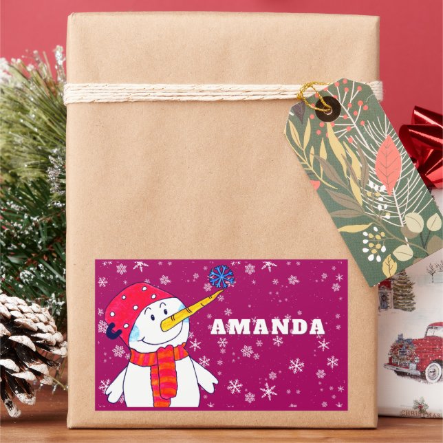 Cute Snowman with Snowflakes Kids Christmas Rectangular Sticker (Holiday)