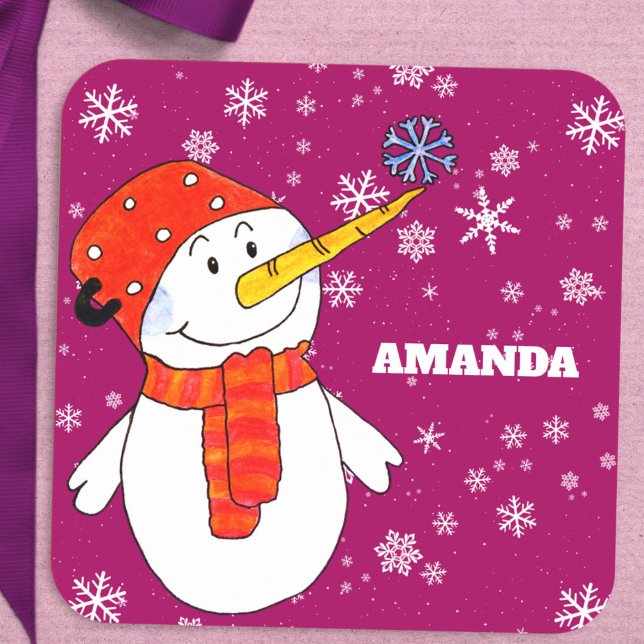 Cute Snowman with Snowflakes Kids Christmas Square Sticker (Creator Uploaded)