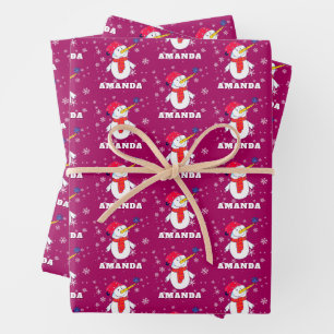 Cute Snowman with Snowflakes Kids Christmas Wrapping Paper Sheet