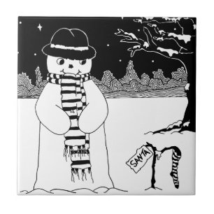 Cute snowman with stocking black and white art ceramic tile