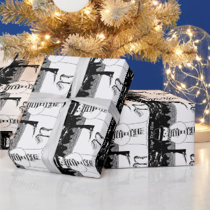 cute snowman with stocking black and white wrapping paper