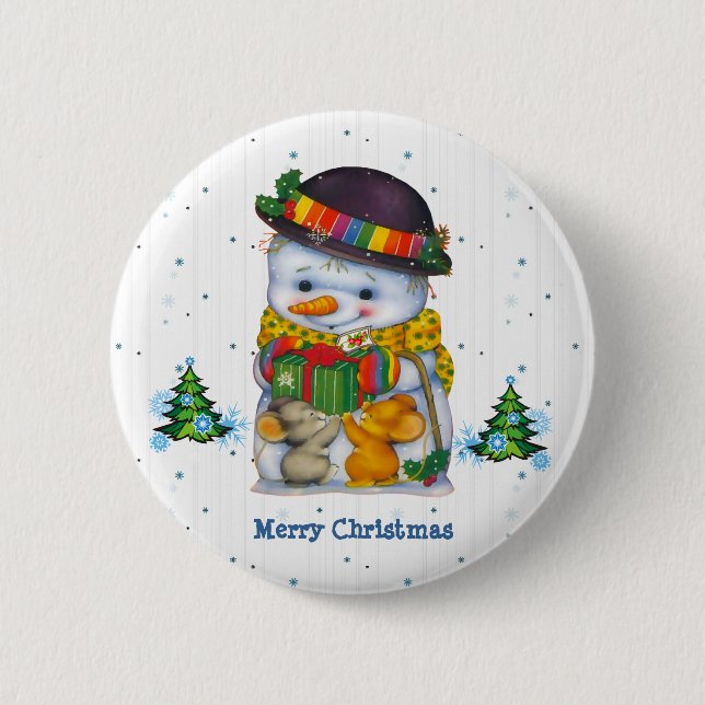 Cute Snowman with two little mice Button (Front)