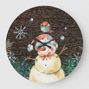 Cute Snowman & Woodland Animals Christmas Cute Large Clock
