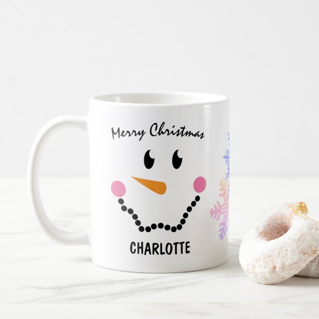 Cute Snowman's Face, Snowflakes, Merry Christmas Coffee Mug (With Donut)