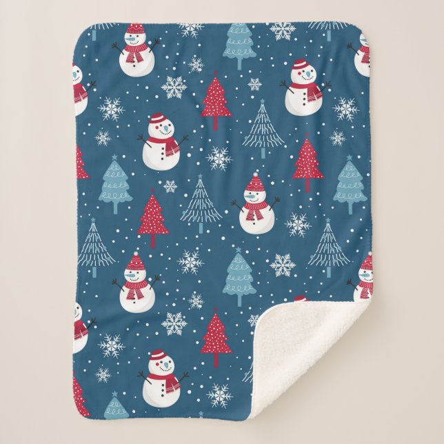 Cute Snowmen and Christmas Trees Pattern Sherpa Blanket (Front)