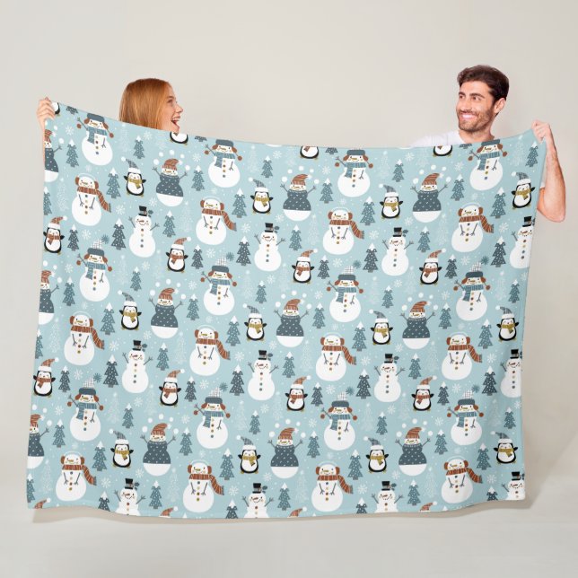 Cute Snowmen and Penguins Fleece Blanket (In Situ)