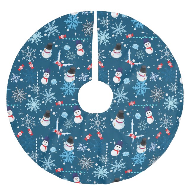 Cute Snowmen and Snowflakes Christmas Brushed Polyester Tree Skirt (Front)