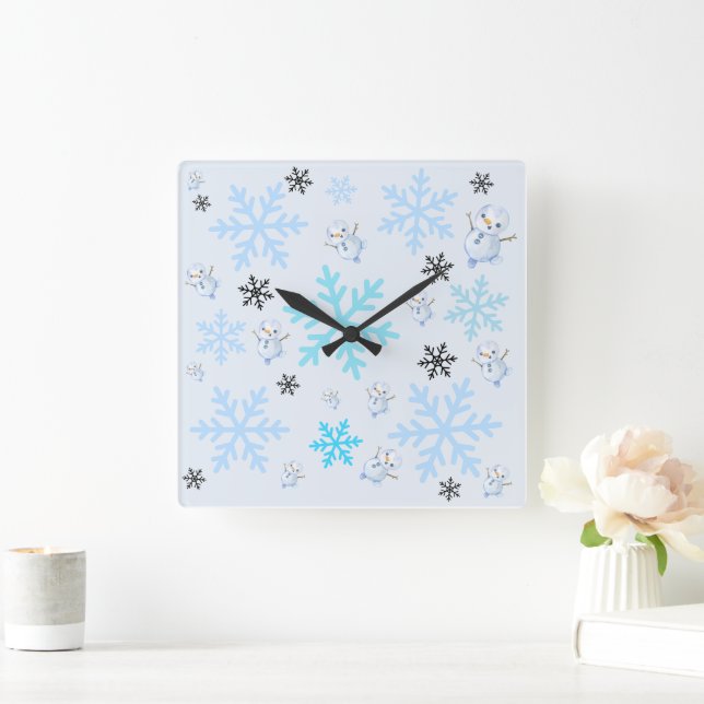 Cute snowmen and snowflakes in light blue square wall clock (Home)