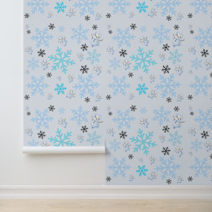 Cute snowmen and snowflakes in light blue wallpaper