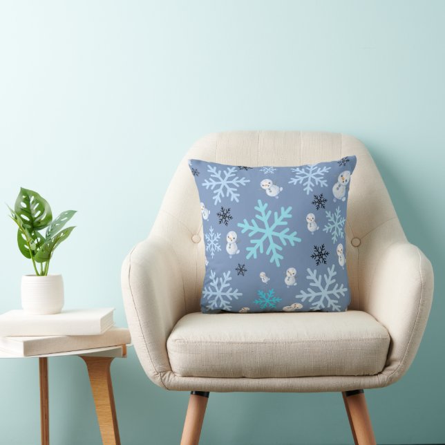 Cute snowmen and snowflakes in teal blue  cushion (Chair)
