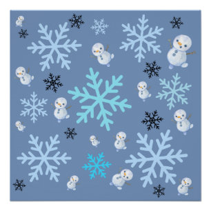 Cute snowmen and snowflakes in teal blue poster