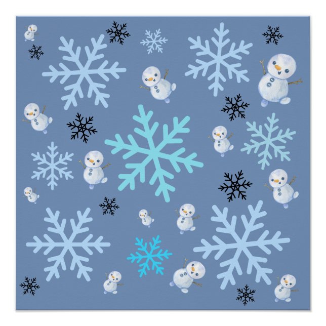 Cute snowmen and snowflakes in teal blue  poster (Front)