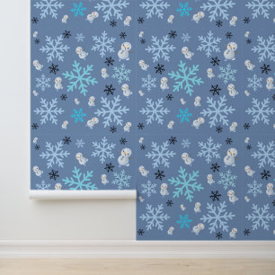 Cute snowmen and snowflakes in teal blue wallpaper