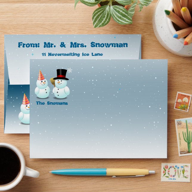 Cute Snowmen Celebrating Xmas Cartoon Envelope (Desk)