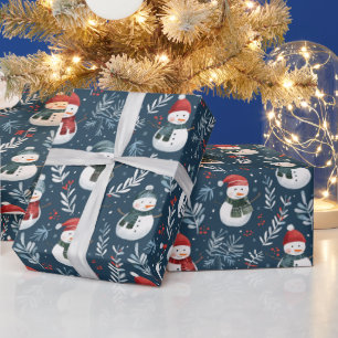 Cute Snowmen Greenery Blue Christmas Wrapping Paper