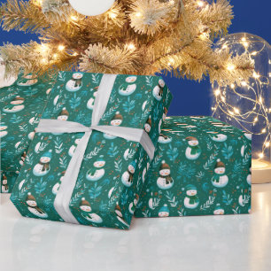 Cute Snowmen Greenery Green Christmas Wrapping Paper