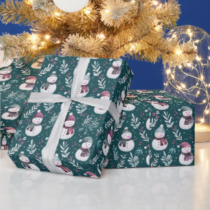 Cute Snowmen Greenery Green Christmas Wrapping Paper