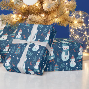 Cute Snowmen Greenery Snow Blue Christmas Wrapping Paper
