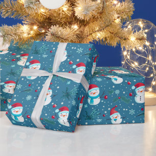 Cute Snowmen Greenery Snow Blue Christmas Wrapping Paper