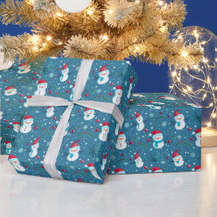 Cute Snowmen Greenery Snow Blue Christmas Wrapping Paper