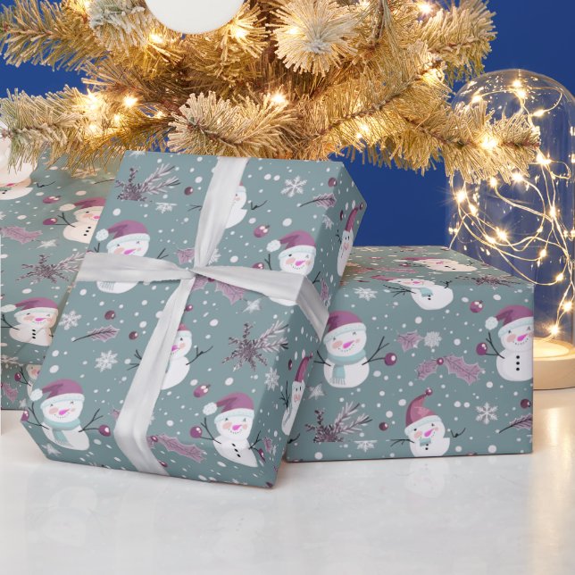 Cute Snowmen Greenery Snow Green Christmas Wrapping Paper (Holidays)