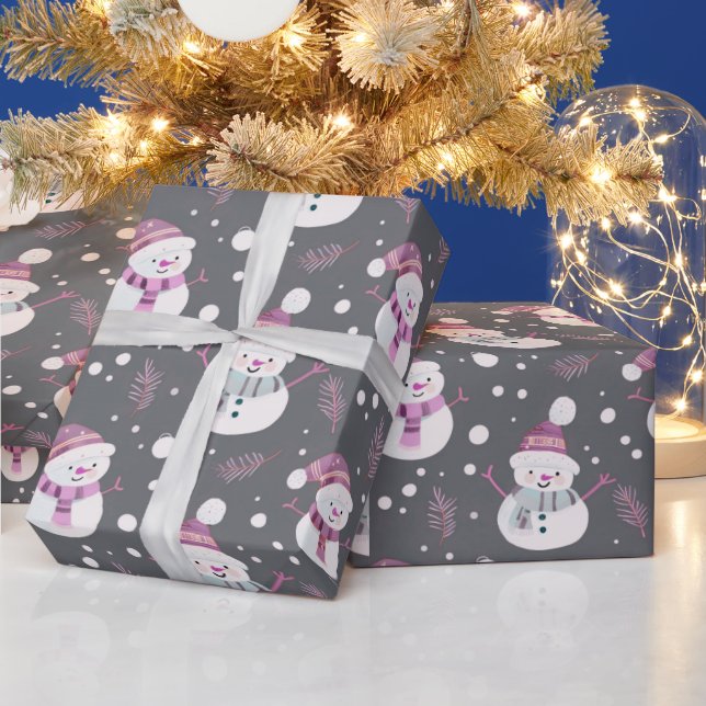 Cute Snowmen Greenery Snow Grey Christmas Wrapping Paper (Holidays)