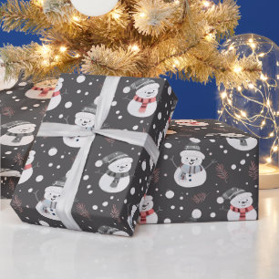 Cute Snowmen Greenery Snow Grey Christmas Wrapping Paper