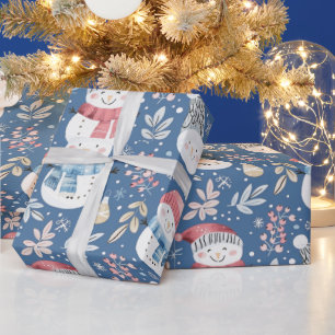 Cute Snowmen Greenery Snowflakes Blue Christmas Wrapping Paper