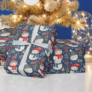 Cute Snowmen Greenery Snowflakes Blue Christmas Wrapping Paper