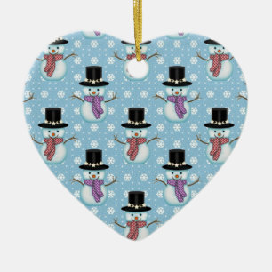 Cute Snowmen on Pale Blue Pattern Ceramic Ornament