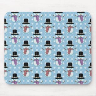 Cute Snowmen on Pale Blue Pattern Mouse Pad