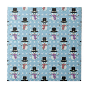 Cute Snowmen on Pale Blue Pattern Tile