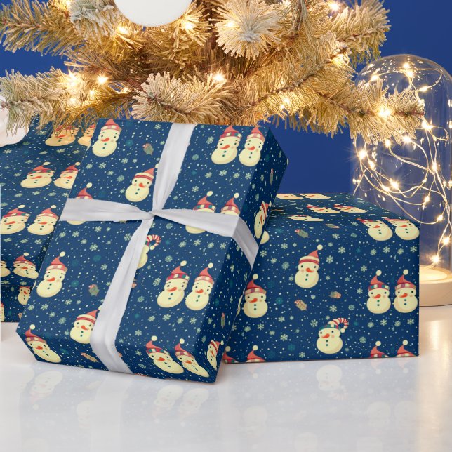 Cute Snowmen Snowflakes Blue Christmas Wrapping Paper (Holidays)