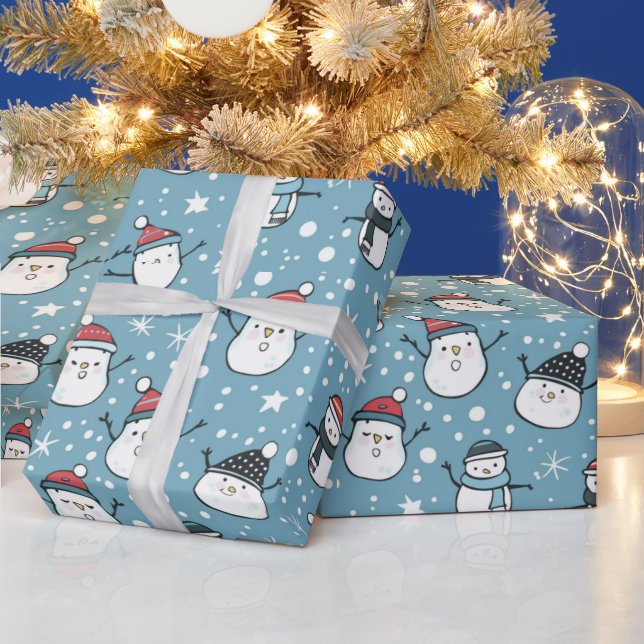 Cute Snowmen Snowflakes Blue Christmas Wrapping Paper (Holidays)