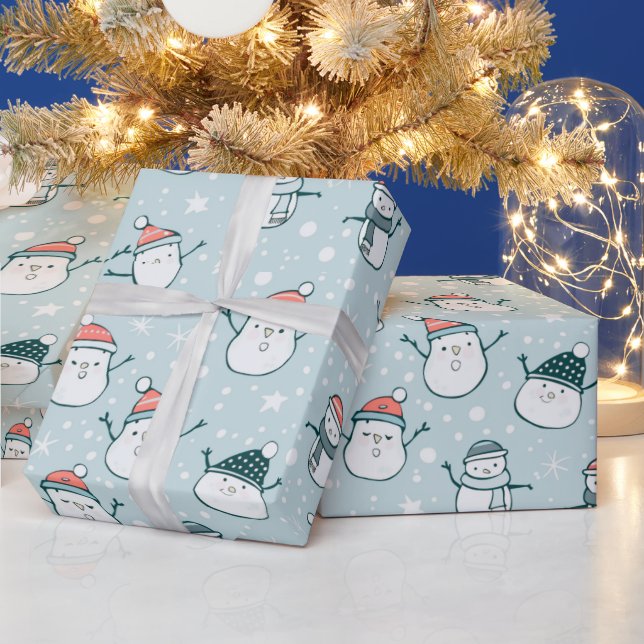 Cute Snowmen Snowflakes Blue Green Christmas Wrapping Paper (Holidays)