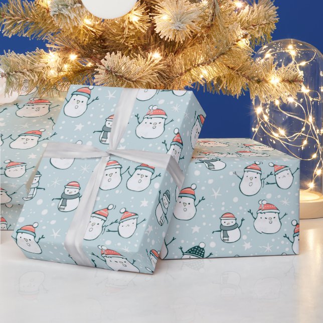 Cute Snowmen Snowflakes Blue Green Christmas Wrapping Paper (Holidays)
