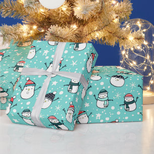 Cute Snowmen Snowflakes Green Christmas Wrapping Paper