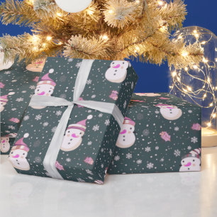 Cute Snowmen Snowflakes Green Christmas Wrapping Paper