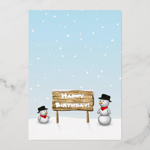 Cute Snowmen wishing Happy Birthday Foil Holiday Card