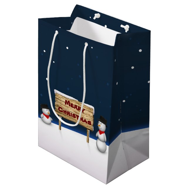 Cute Snowmen wishing Merry Christmas Medium Gift Bag (Front Angled)