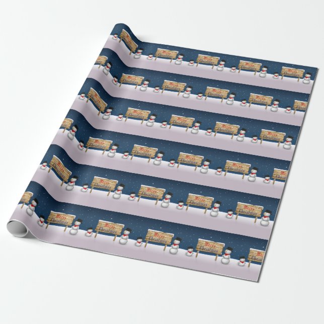 Cute Snowmen wishing Merry Christmas Wrapping Paper (Unrolled)