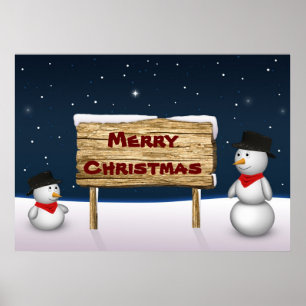 Cute Snowmen with Christmas Sign - Poster
